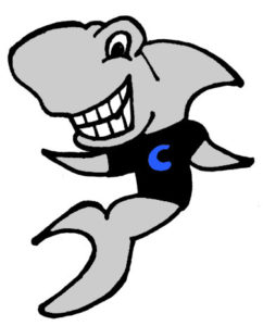 grey shark with a white smile and a blue C for clarke school